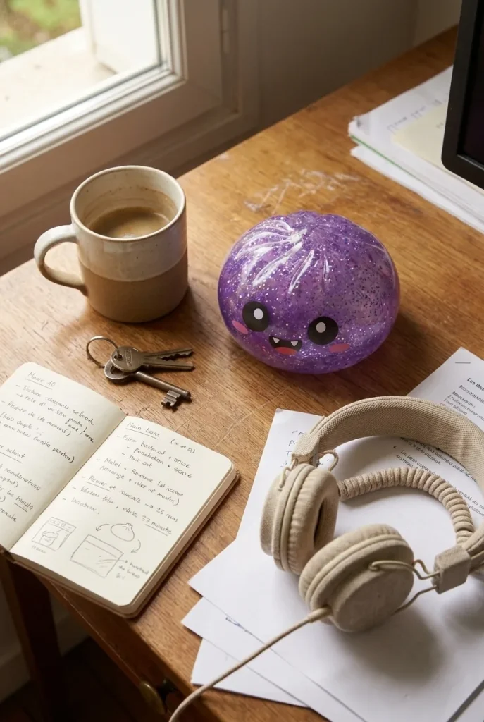 Squishy Dumpling Mystery Halloween posé sur un bureau, dans le quotidien
