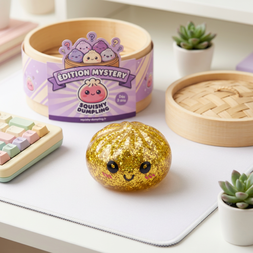 Squishy Dumpling Mystery Glitter Mini Set en ambiance sur un bureau