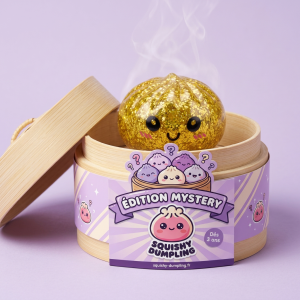 Squishy Dumpling Mystery Glitter Mini Set dans sa boîte panier vapeur façon bambou