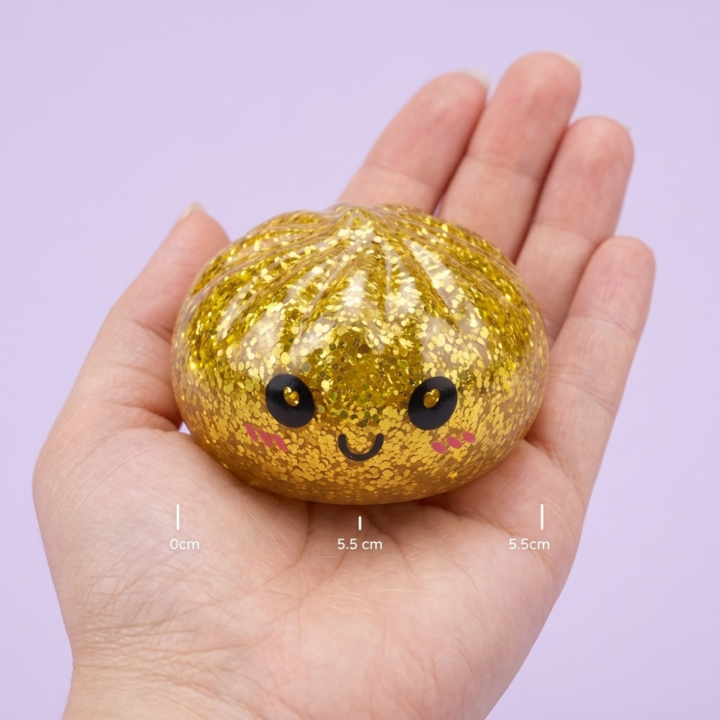 Squishy Dumpling Mystery Glitter Mini Set tenu en main, taille réelle