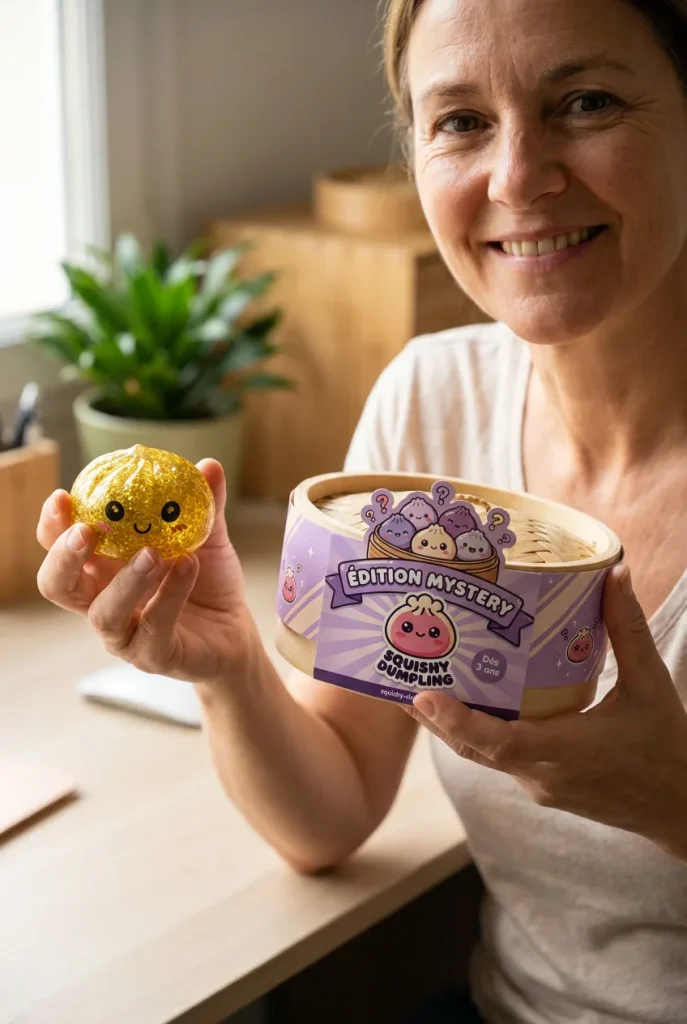 Squishy Dumpling Mystery Glitter Mini Set présenté avec sa boîte panier vapeur — photo client