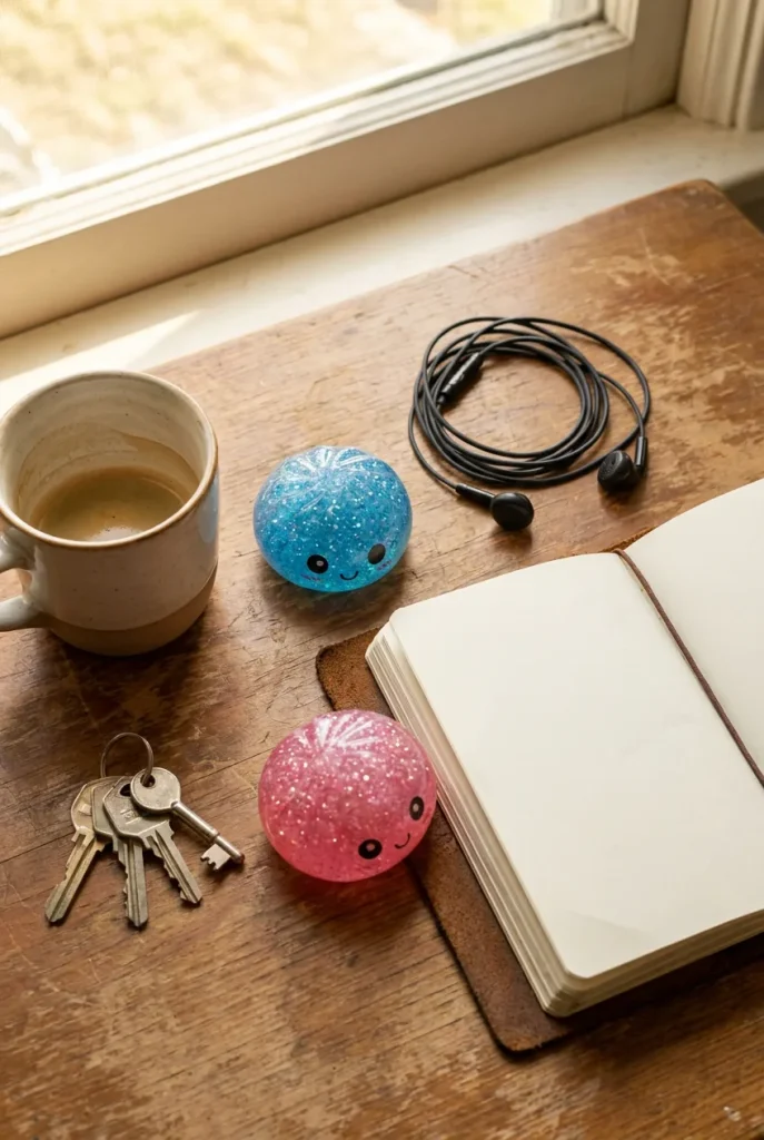 Squishy Dumpling Mystery Glitter Mini Set posé sur un bureau, dans le quotidien