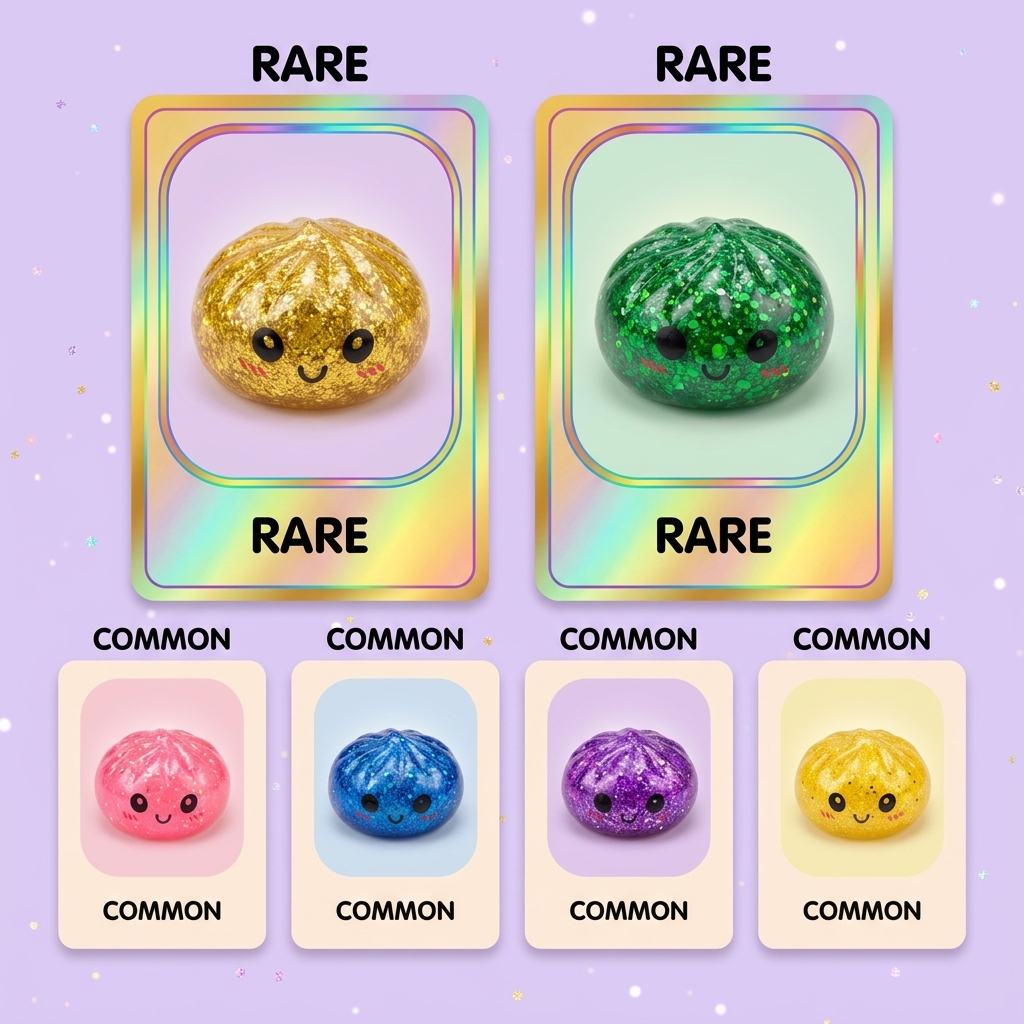 Squishy Dumpling Mystery Glitter Mini Set — carte des raretés (commun, rare, ultra rare)