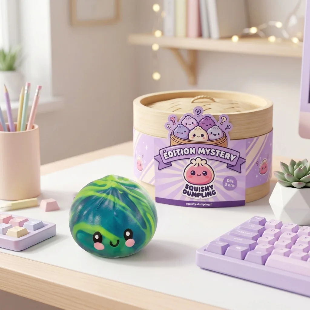 Dumpling Squishy Mini Tie Dye Mystery en ambiance sur un bureau