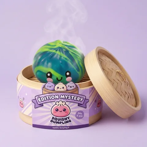 Dumpling Squishy Mini Tie Dye Mystery dans sa boîte panier vapeur façon bambou