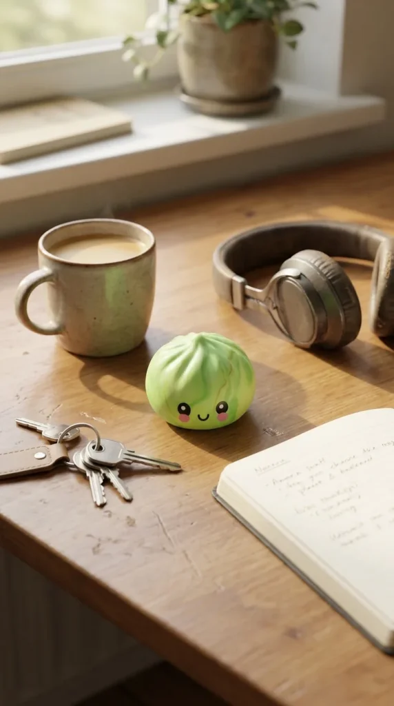 Dumpling Squishy Mini Tie Dye Mystery posé sur un bureau, dans le quotidien