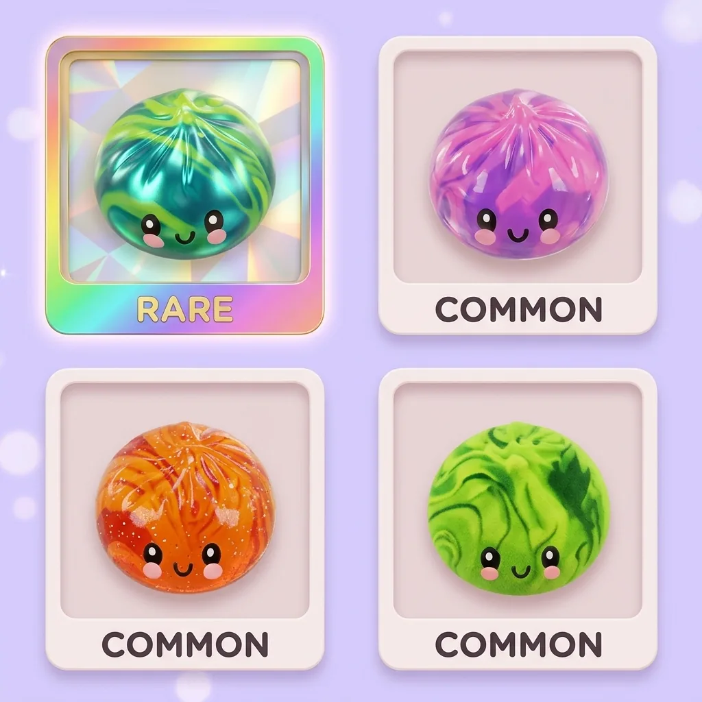 Dumpling Squishy Mini Tie Dye Mystery — carte des raretés (commun, rare, ultra rare)