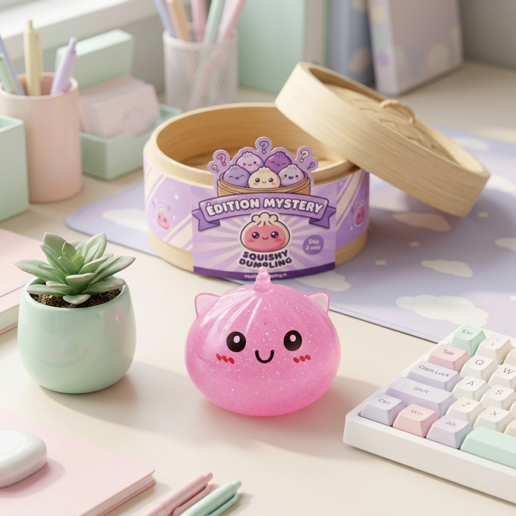 Dumpling Squishy Mini Licorne Mystère en ambiance sur un bureau