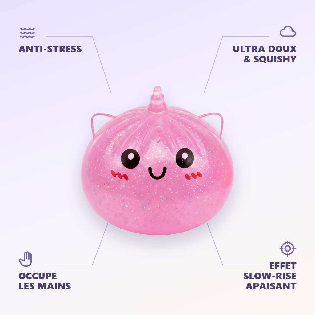 Dumpling Squishy Mini Licorne Mystère — anti-stress, ultra doux, effet slow-rise