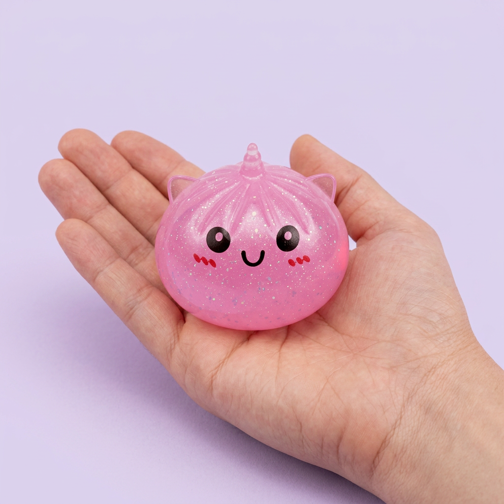 Dumpling Squishy Mini Licorne Mystère tenu en main, taille réelle
