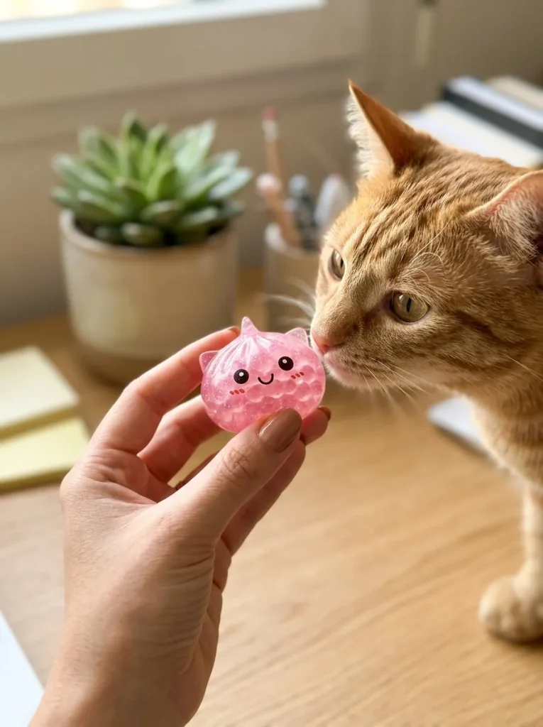 Dumpling Squishy Mini Licorne Mystère tenu près d'un animal de compagnie curieux