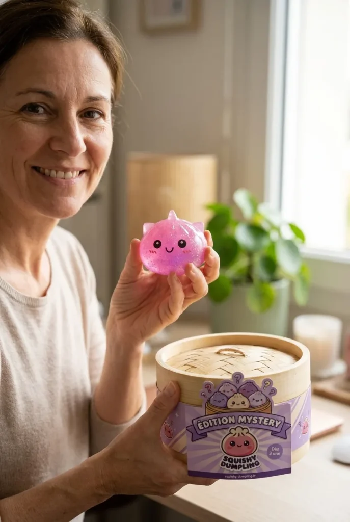 Dumpling Squishy Mini Licorne Mystère présenté avec sa boîte panier vapeur — photo client