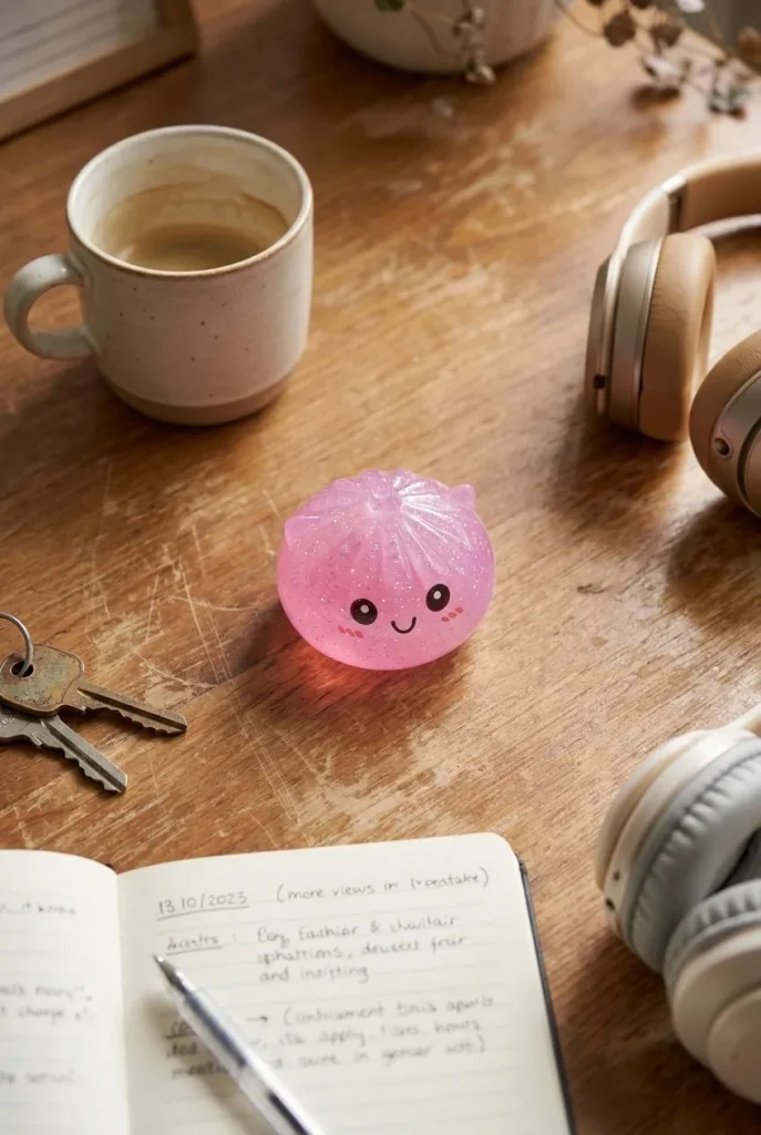 Dumpling Squishy Mini Licorne Mystère posé sur un bureau, dans le quotidien