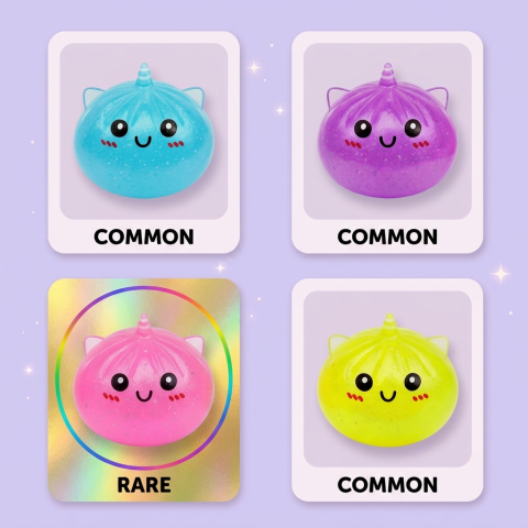 Dumpling Squishy Mini Licorne Mystère — carte des raretés (commun, rare, ultra rare)