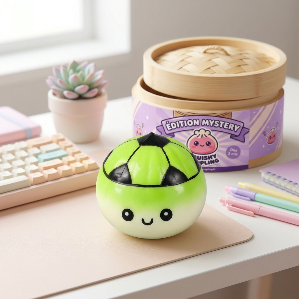 Mystery Dumpling Squishy Édition Foot en ambiance sur un bureau