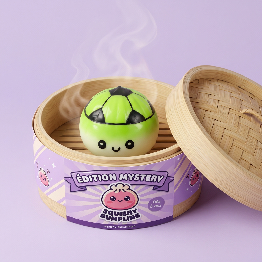 Mystery Dumpling Squishy Édition Foot dans sa boîte panier vapeur bambou