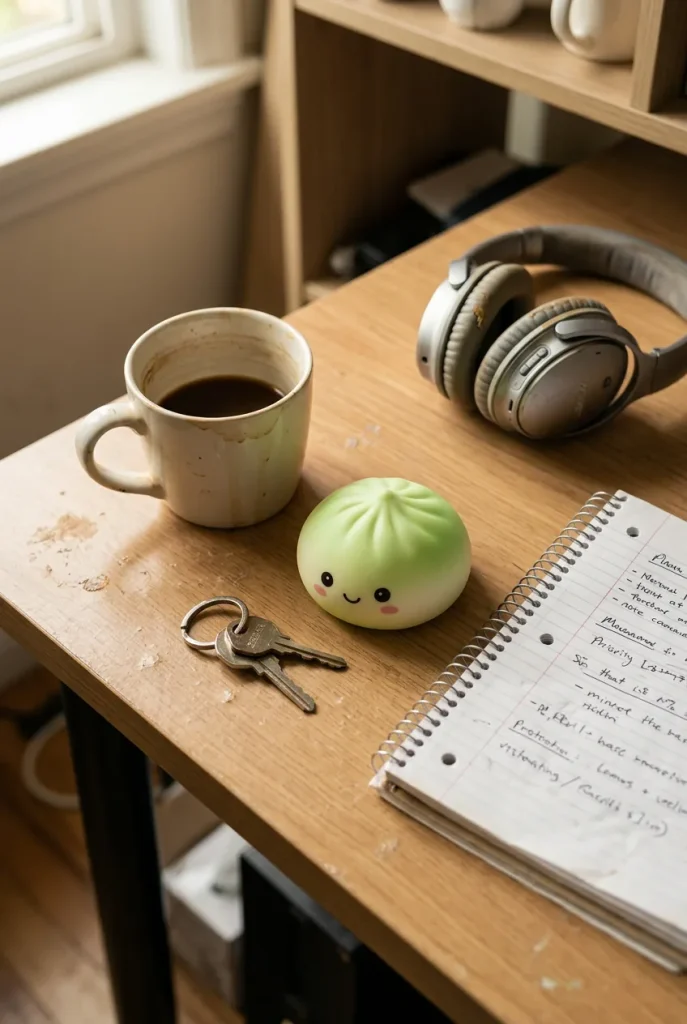 Mystery Dumpling Squishy Édition Foot posé sur un bureau, dans le quotidien