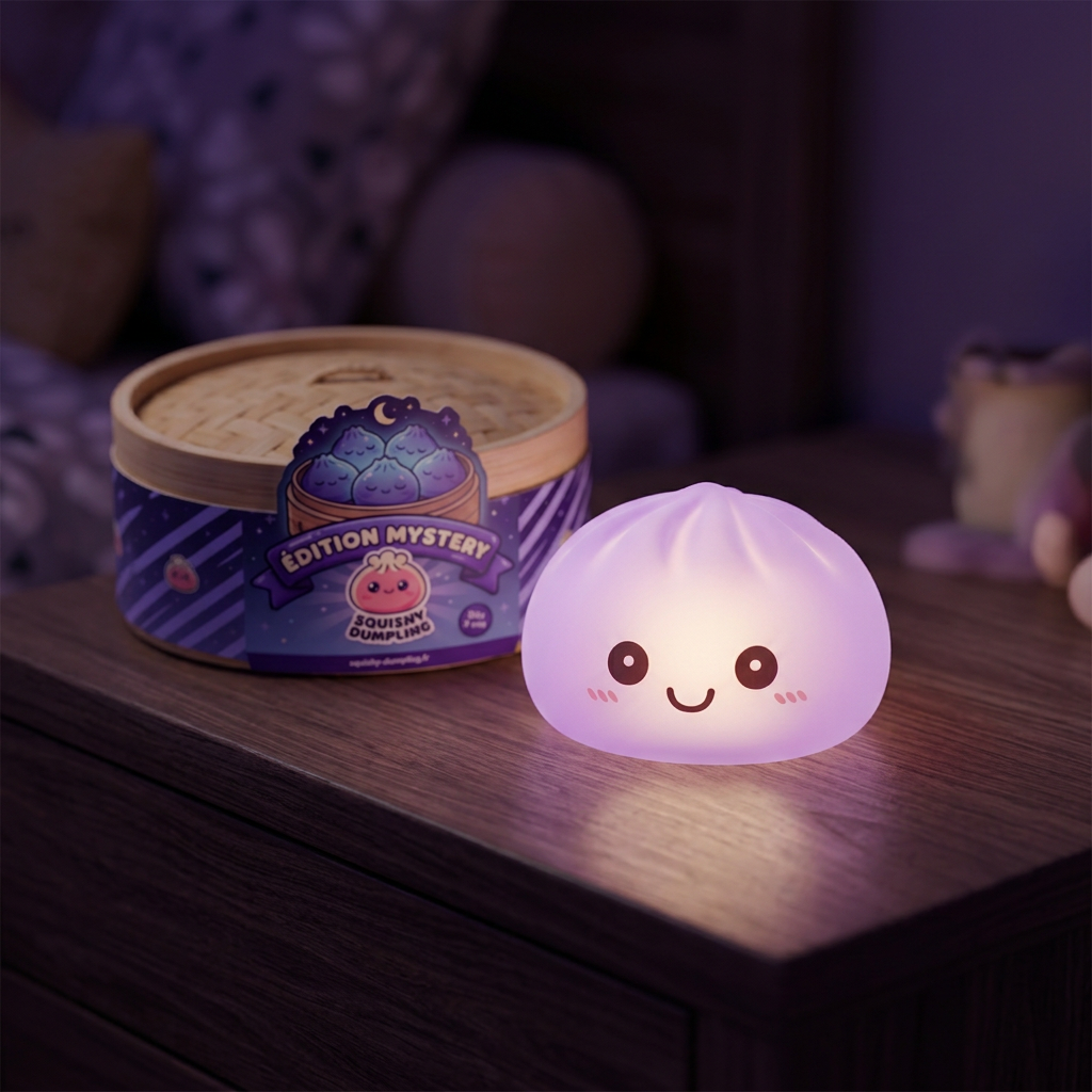 Veilleuse Mystery Squishy Dumpling Lumineuse en ambiance sur un bureau