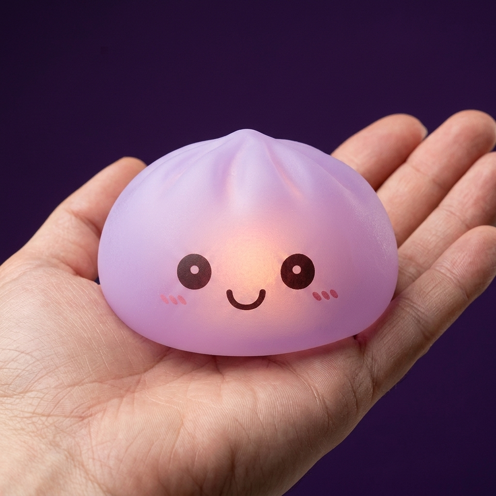 Veilleuse Mystery Squishy Dumpling Lumineuse tenu en main, taille réelle