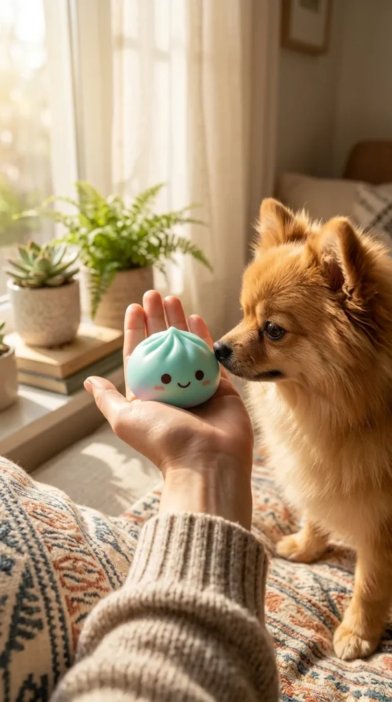 Veilleuse Mystery Squishy Dumpling Lumineuse tenu près d'un animal de compagnie curieux