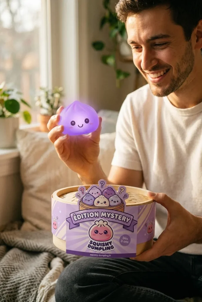 Veilleuse Mystery Squishy Dumpling Lumineuse présenté avec sa boîte panier vapeur — photo client