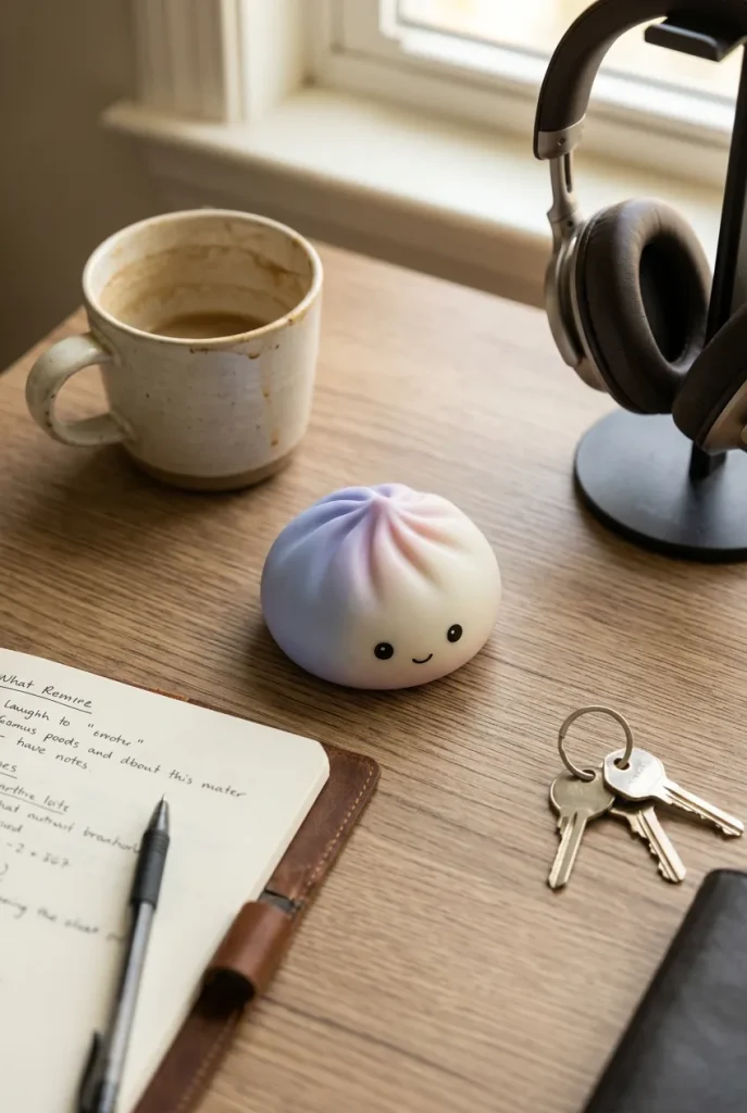 Veilleuse Mystery Squishy Dumpling Lumineuse posé sur un bureau, dans le quotidien
