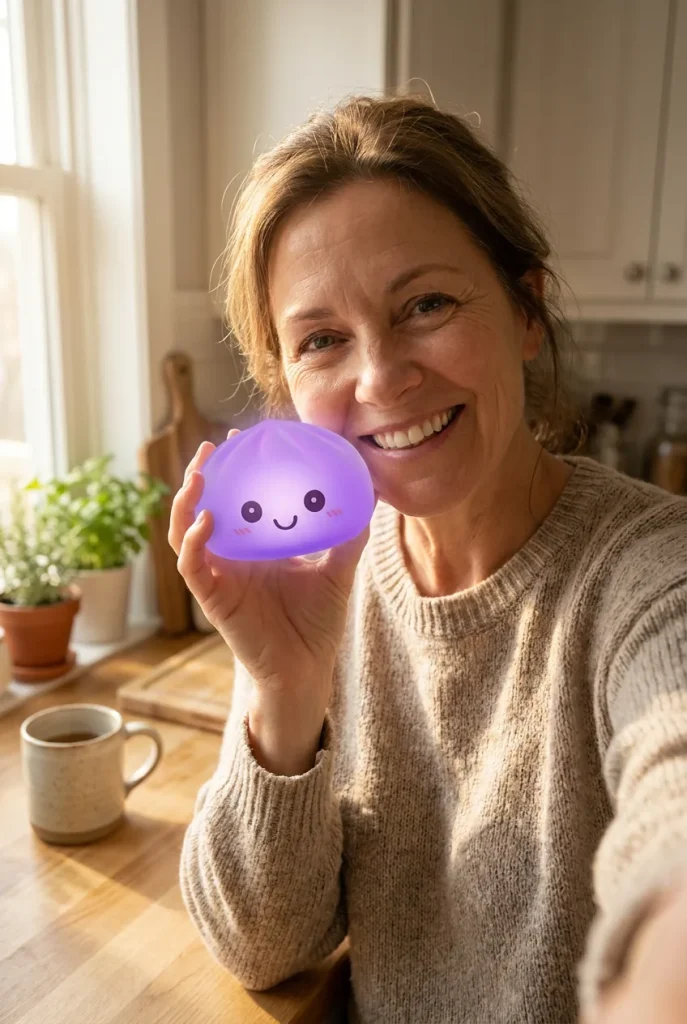 Veilleuse Mystery Squishy Dumpling Lumineuse tenu près du visage — photo client