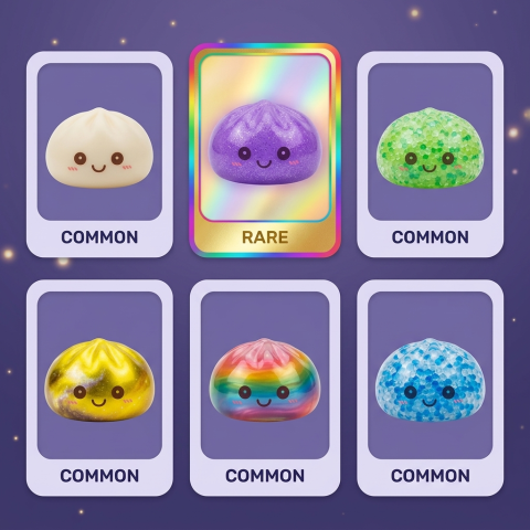 Veilleuse Mystery Squishy Dumpling Lumineuse — carte des raretés (commun, rare, ultra rare)