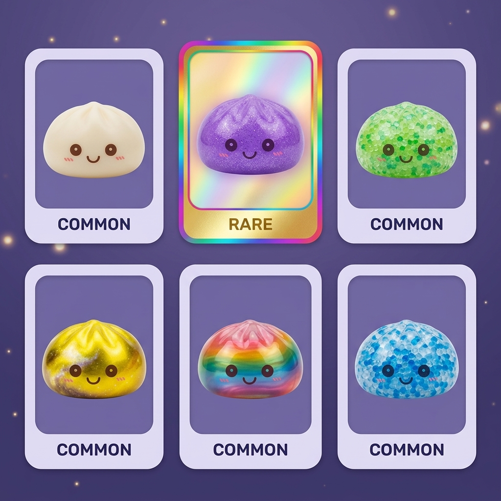 Veilleuse Mystery Squishy Dumpling Lumineuse — carte des raretés (commun, rare, ultra rare)