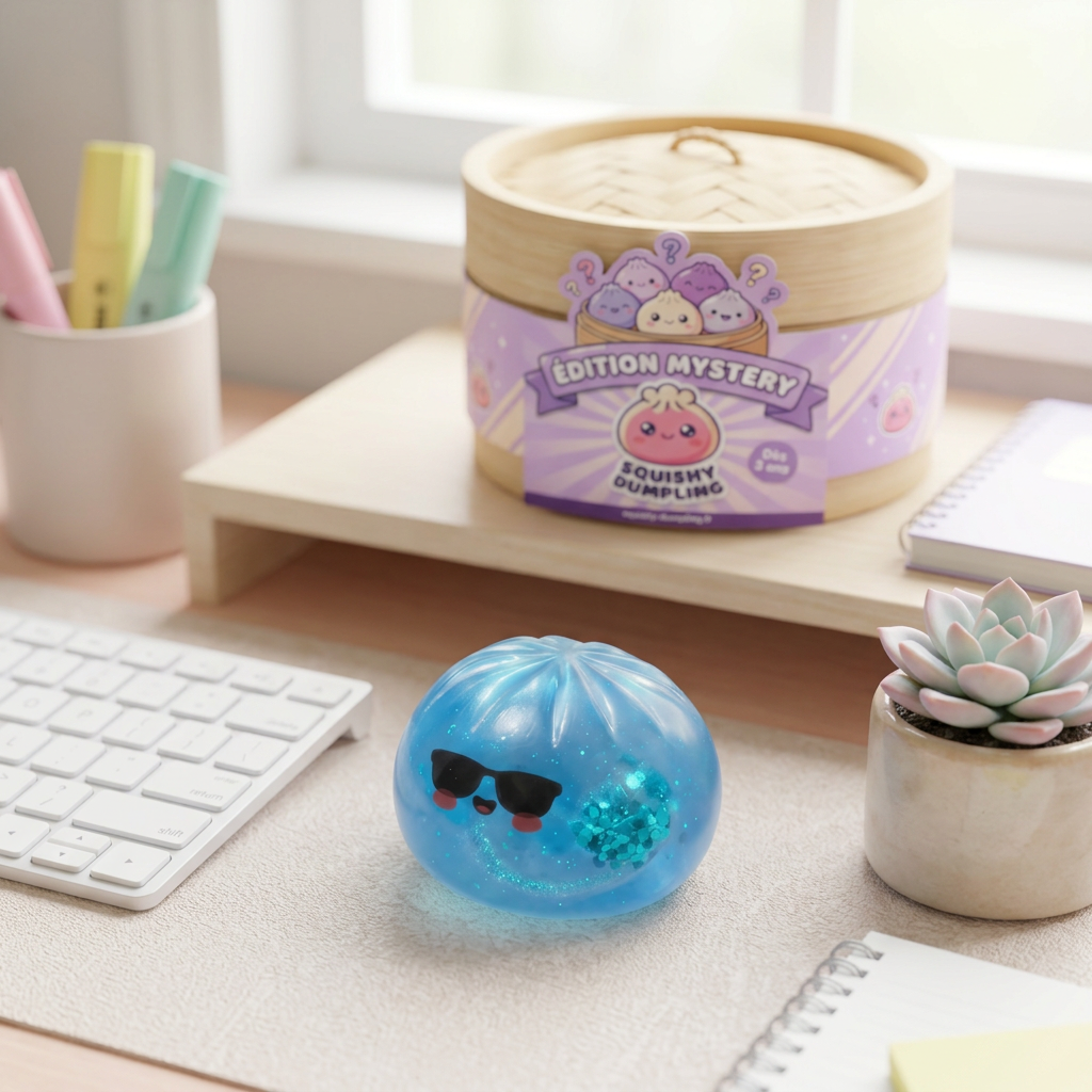 Mystery Dumpling Squishy Édition Été en ambiance sur un bureau