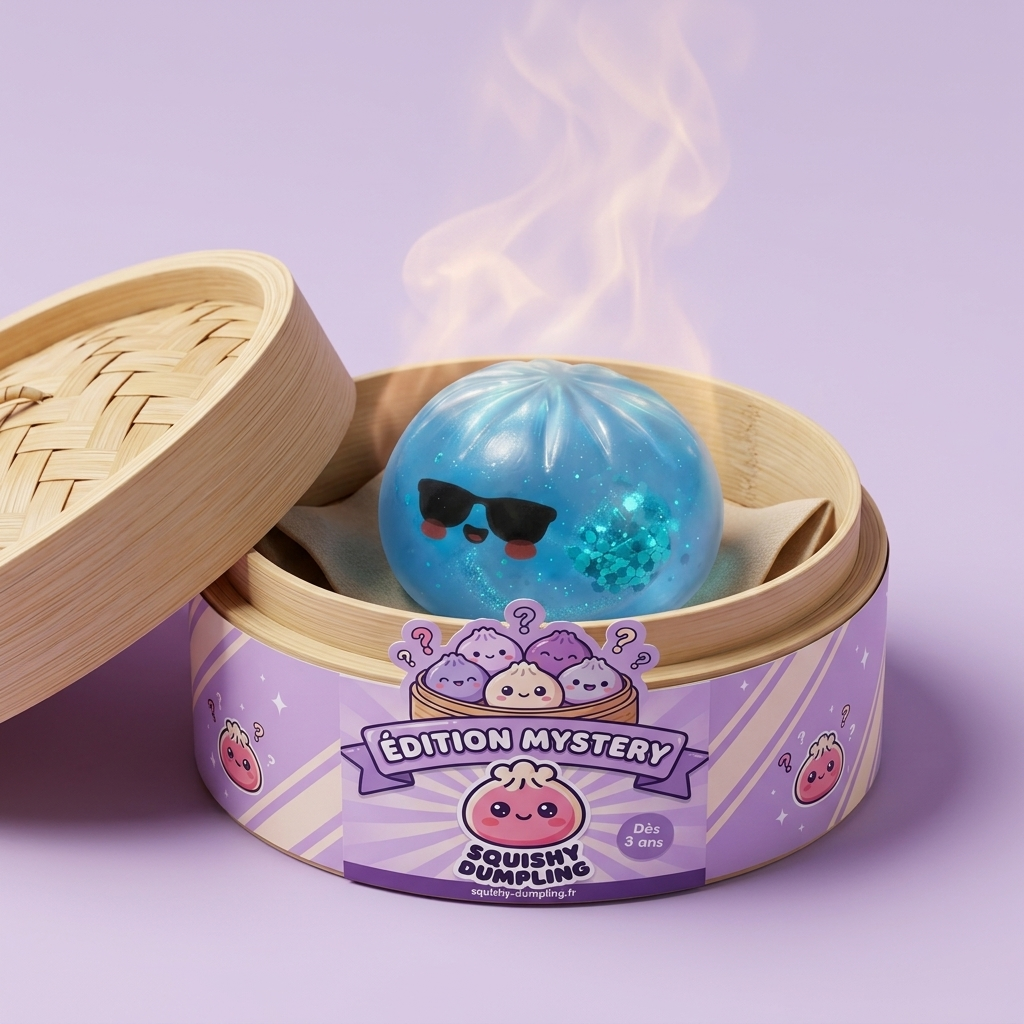 Mystery Dumpling Squishy Édition Été dans sa boîte panier vapeur bambou