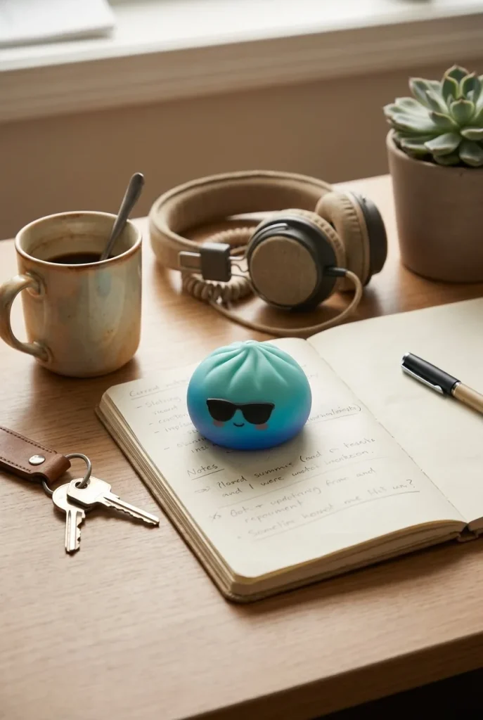 Mystery Dumpling Squishy Édition Été posé sur un bureau, dans le quotidien