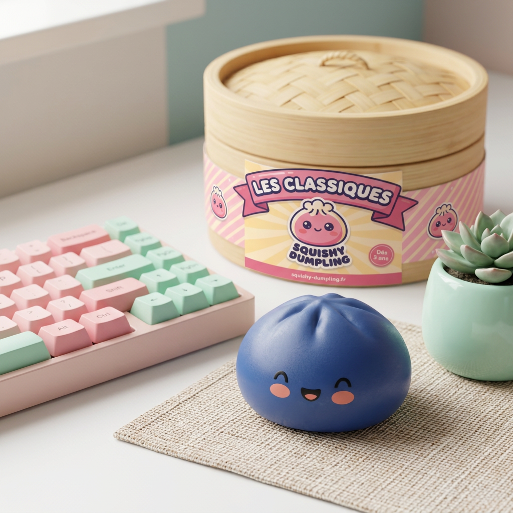 Dumpling Squishy Bleu Marine Minuit en ambiance sur un bureau