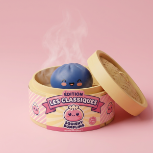 Dumpling Squishy Bleu Marine Minuit dans sa boîte panier vapeur façon bambou