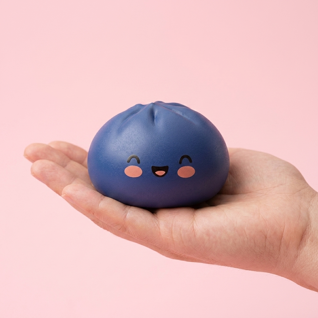 Dumpling Squishy Bleu Marine Minuit tenu en main, taille réelle