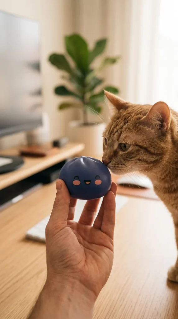 Dumpling Squishy Bleu Marine Minuit tenu près d'un animal de compagnie curieux