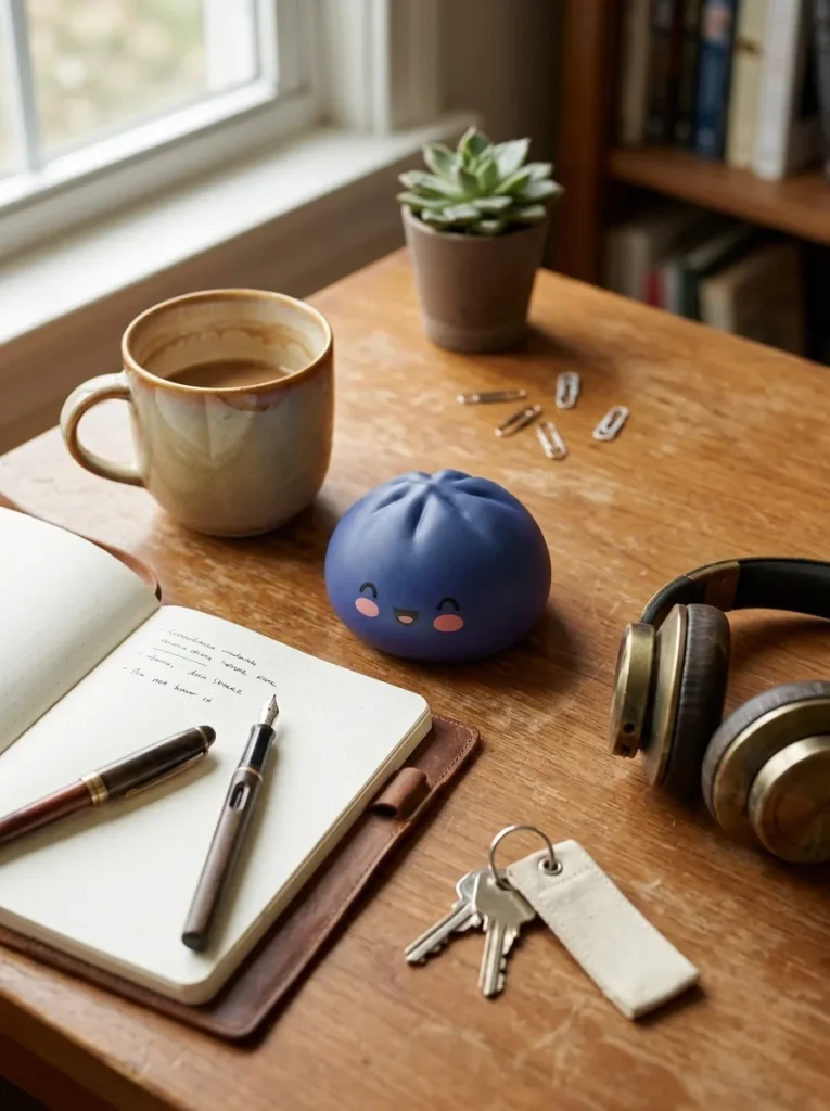 Dumpling Squishy Bleu Marine Minuit posé sur un bureau, dans le quotidien