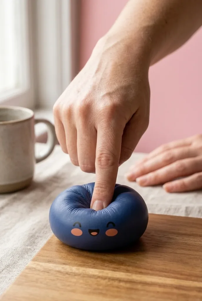 Dumpling Squishy Bleu Marine Minuit pressé dans la main — effet squishy slow-rise