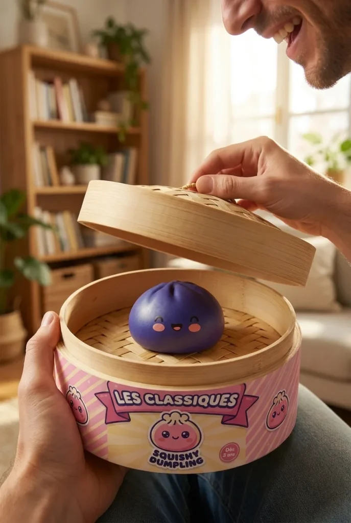 Déballage du Dumpling Squishy Bleu Marine Minuit — la boîte panier vapeur s'ouvre