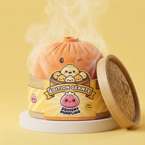 Giant Dumpling Squishy Orange dans sa boîte panier vapeur bambou