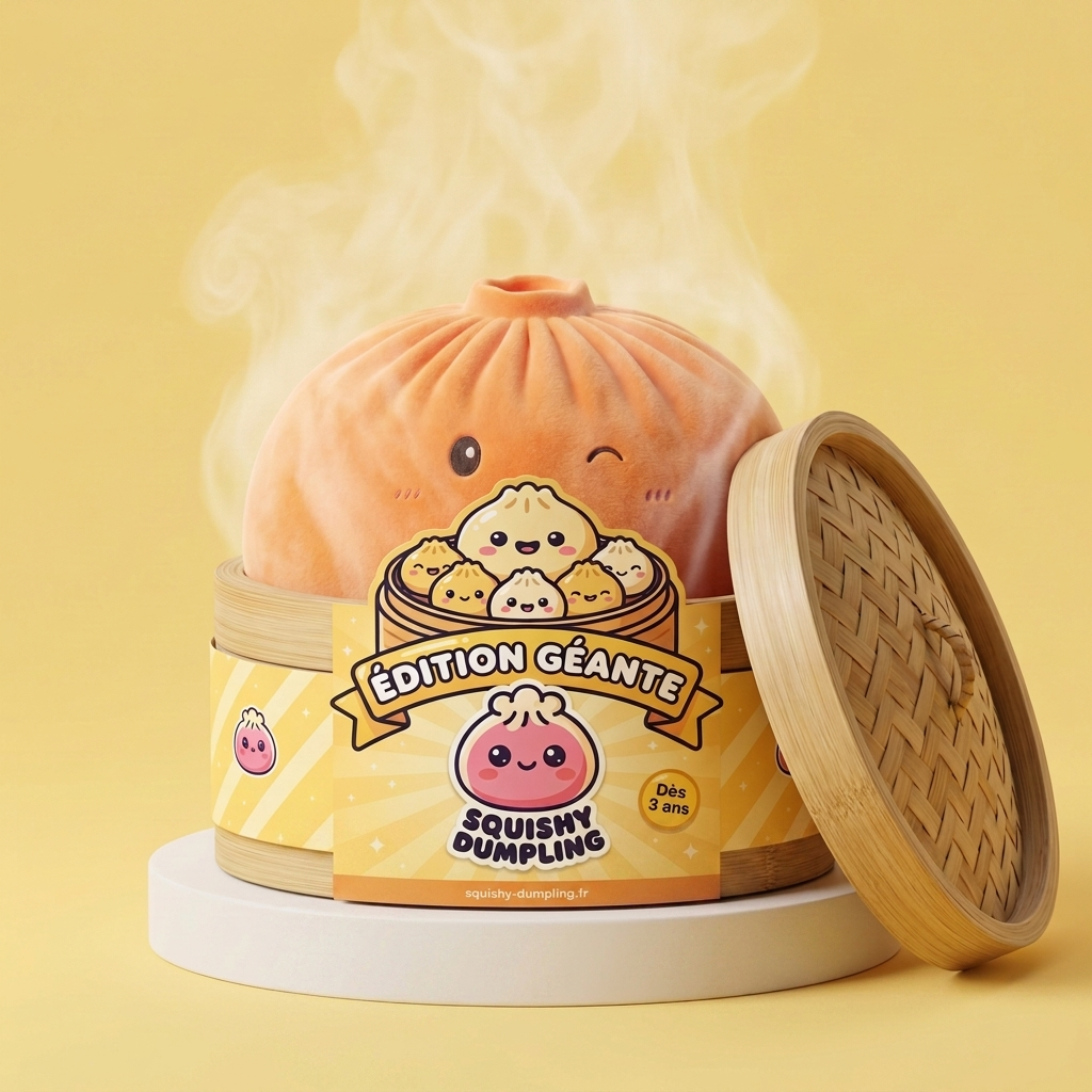 Giant Dumpling Squishy Orange dans sa boîte panier vapeur bambou