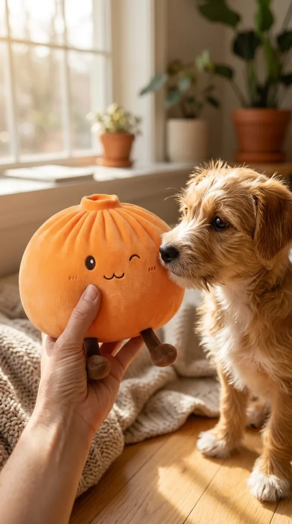 Giant Dumpling Squishy Orange tenu près d'un animal de compagnie curieux