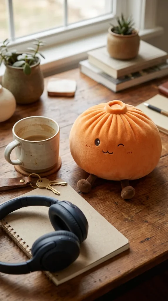 Giant Dumpling Squishy Orange posé sur un bureau, dans le quotidien
