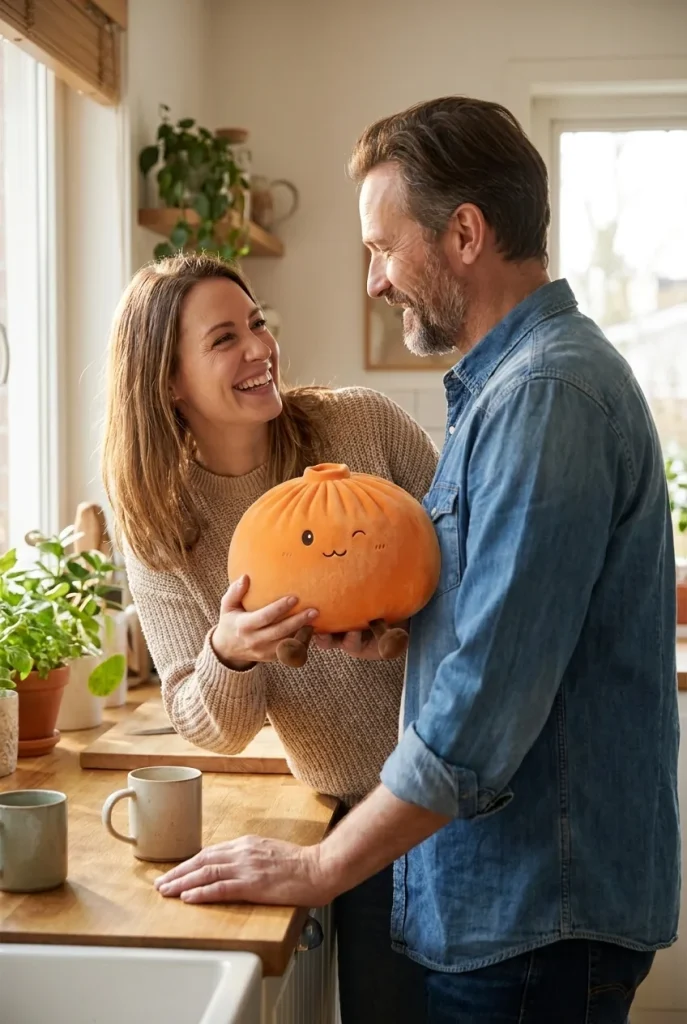 Giant Dumpling Squishy Orange offert en cadeau entre deux personnes