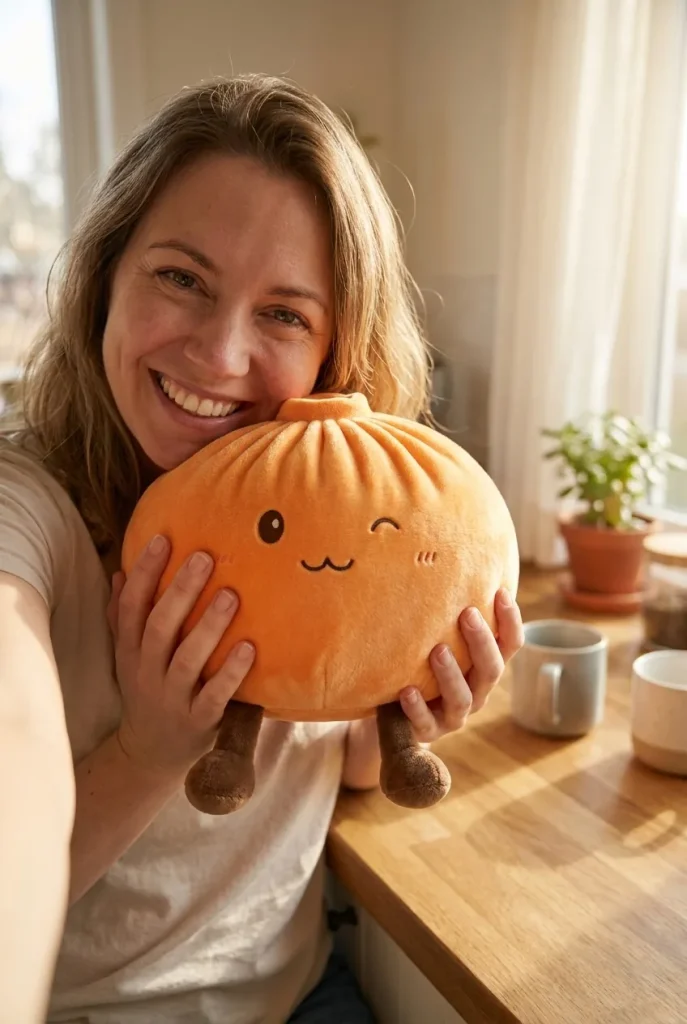 Giant Dumpling Squishy Orange tenu près du visage — photo client