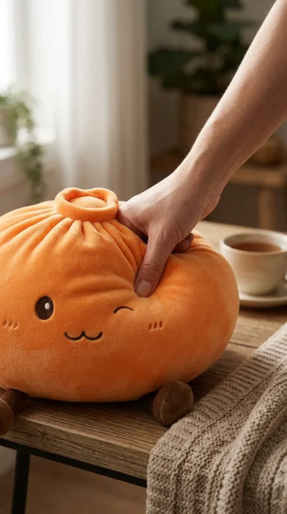 Giant Dumpling Squishy Orange pressé dans la main — effet squishy slow-rise