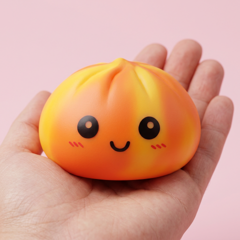 Squishy Dumpling Tie Dye Orange tenu en main, taille réelle