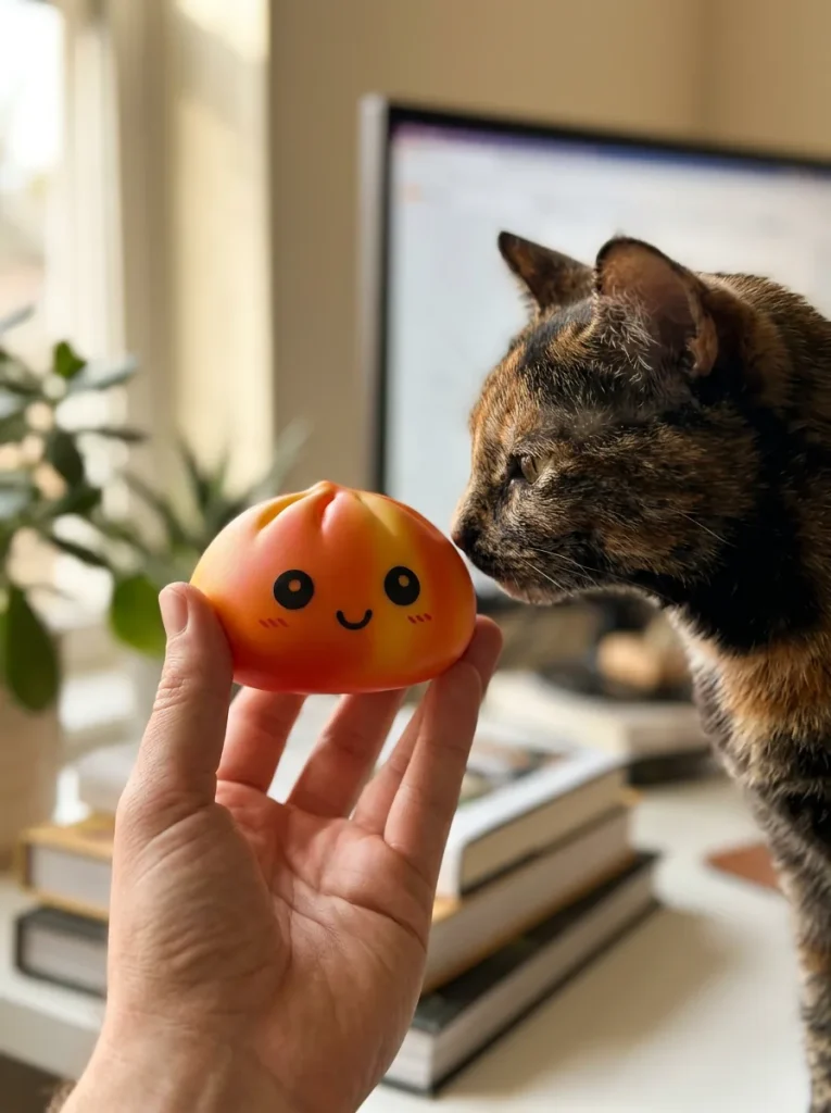 Squishy Dumpling Tie Dye Orange tenu près d'un animal de compagnie curieux