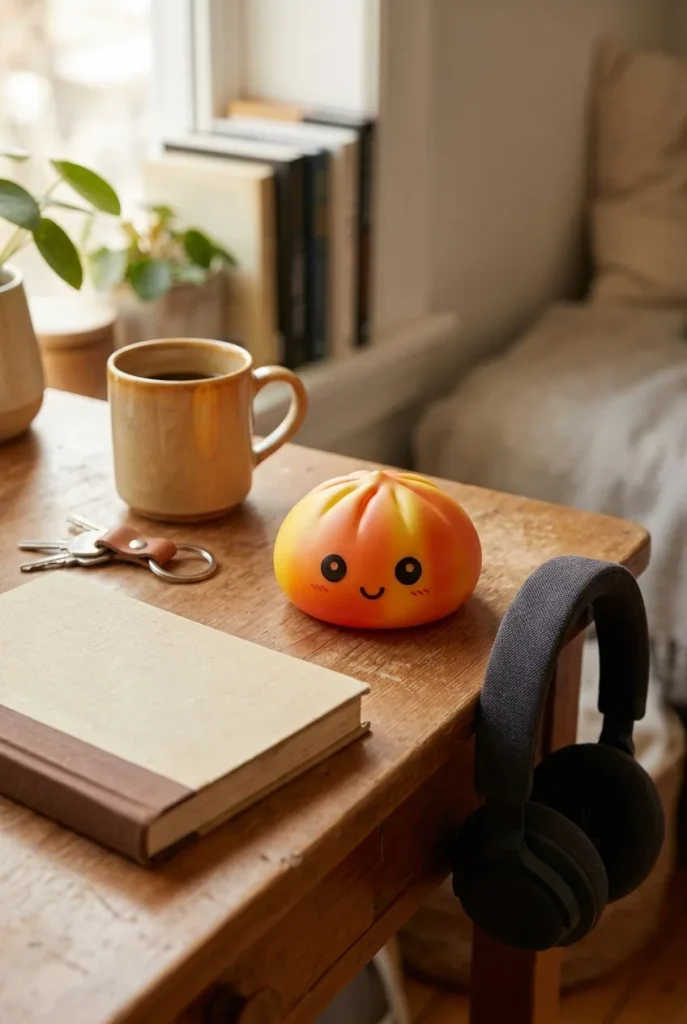 Squishy Dumpling Tie Dye Orange posé sur un bureau, dans le quotidien