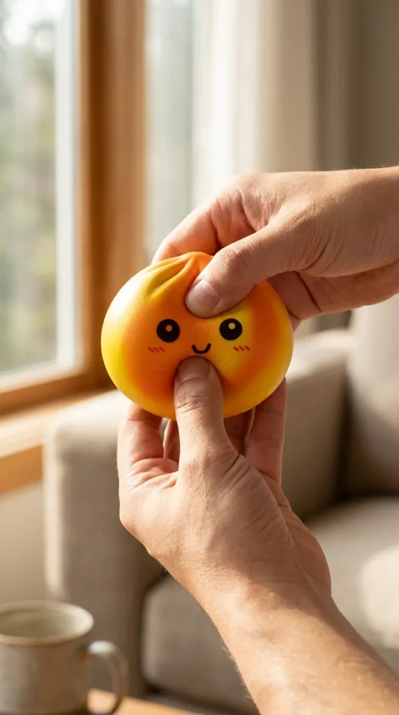 Squishy Dumpling Tie Dye Orange pressé dans la main — effet squishy slow-rise
